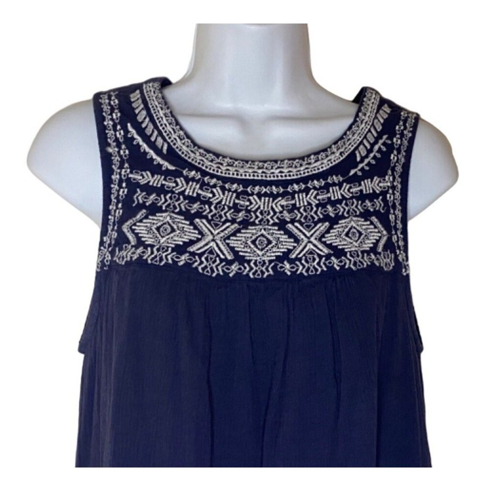 Navy Sleeveless Dress White Embroidery Keyhole Back Closure Beach Lunch Lounge S - Picture 2 of 9